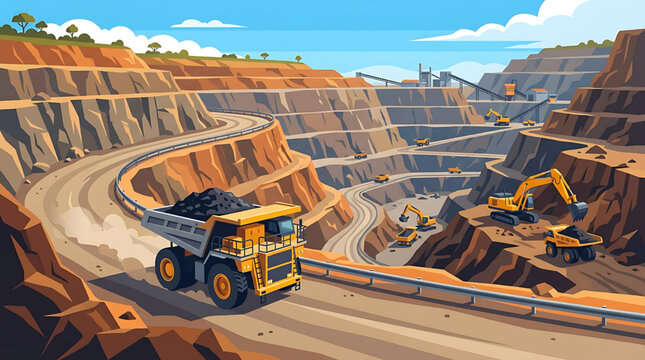 Vector illustration of an open pit mine with heavy dump trucks and excavators at work
