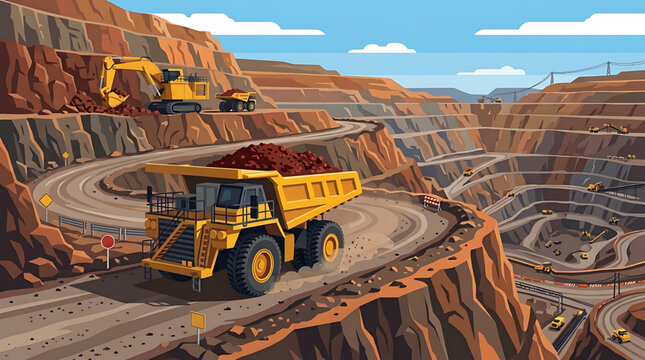 Large haul trucks and excavators operating in a massive open pit mine quarry illustration