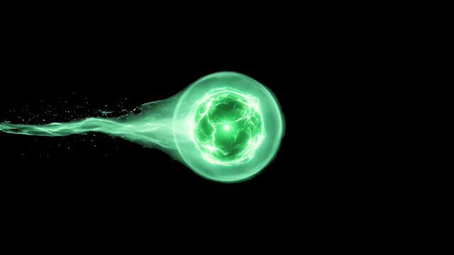 Glowing green magic orb or plasma energy projectile with trailing aura, isolated against a solid dark black background. Ideal for sci-fi plasma blasts, fantasy spell overlays, gaming UI animations, ma