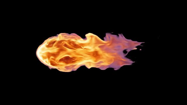 Realistic burning fireball or flaming comet effect streak, isolated against a pitch-black background. Perfect for action movie special effects, fantasy magic spells, explosion overlays, high-contrast 