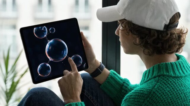 Medium shot of a user interacting with a blurred background focusing on a tablet screen showing AIgenerated telecom plan change alerts.