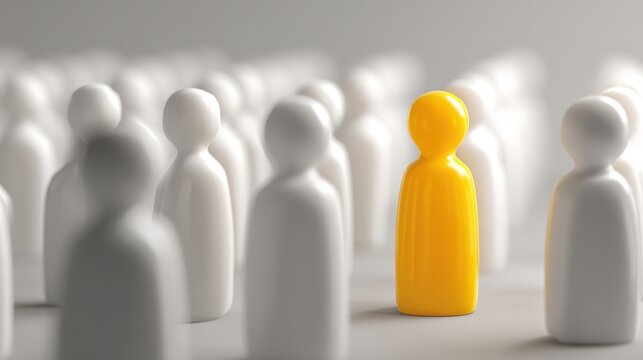 A single yellow pawn standing out in a crowd. Leadership and unique strategy concept.