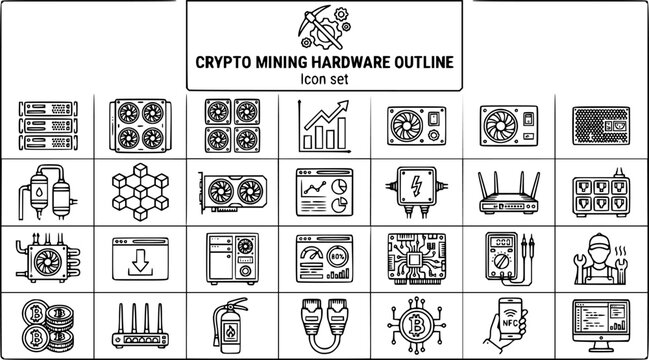 Cryptocurrency Mining Hardware Outline Icon Set with ASIC Miner Rack, Immersion Cooling Tank, GPU Mining Rig and Hash Rate Chart, 25 Icons Editable Strokes