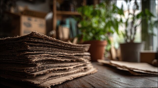 A stack of corrugated cardboard on a wooden table. Concept for recycling and sustainable packaging.