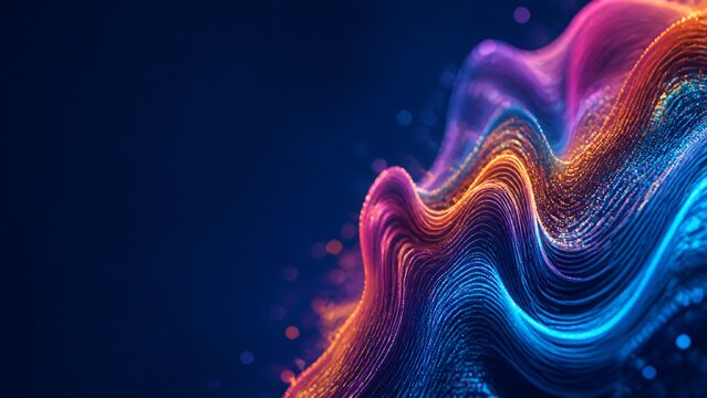 Abstract digital background featuring flowing neon wave lines and glowing particles in vibrant blue and orange hues, perfect for technology concepts, creative graphic design, and modern web
