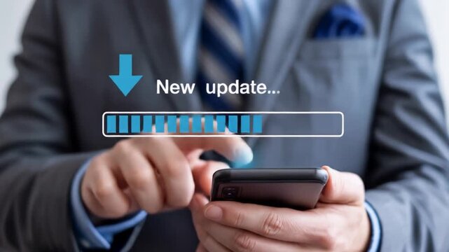 Close-up of hands updating app on smartphone with progress bar indicating new feature installation.