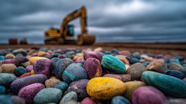 Colorful smooth river stones on a construction site. Earthmoving progress concept.