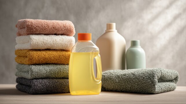 Folded colorful towels stacked next to cleaning products. Laundry and home care concept.
