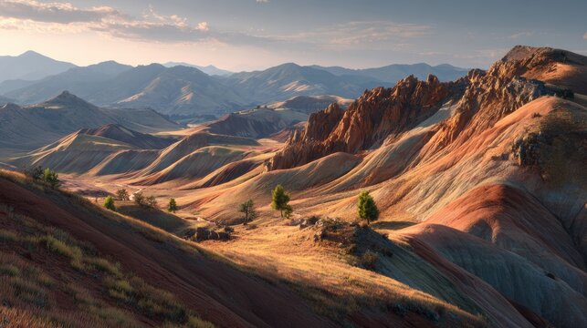 Painted Hills landscape at golden hour. Represents natural beauty and scenic travel.