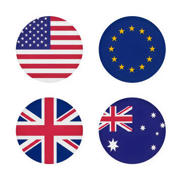 Set of round national flags icons including usa eu uk australia isolated on transparent background