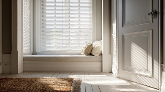 Sunlight streaming through window blinds onto a window seat. For home comfort themes.