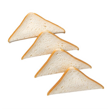 Four triangle slices of white bread arranged in a row isolated on transparent background