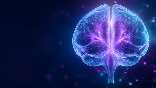 Futuristic Digital Human Brain Concept, Glowing Neural Network Visualization, Artificial Intelligence Technology Background, Scientific Medical Data Processing, Cybernetic Mind Innovation