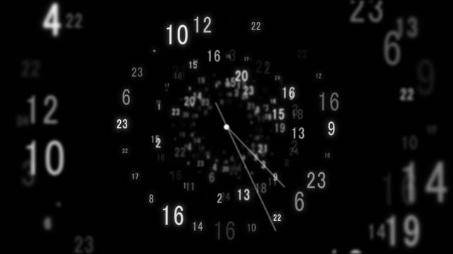 Floating clock digits motion visual with white numbers, analog hands, and soft dark depth. Perfect for time travel edits, countdown titles, deadline videos, suspense intros, and animated overlays.