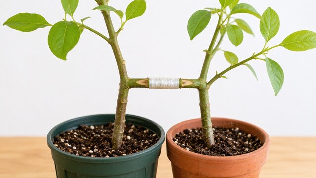 植物の呼び接ぎ 2本の苗を接いで固定する繁殖