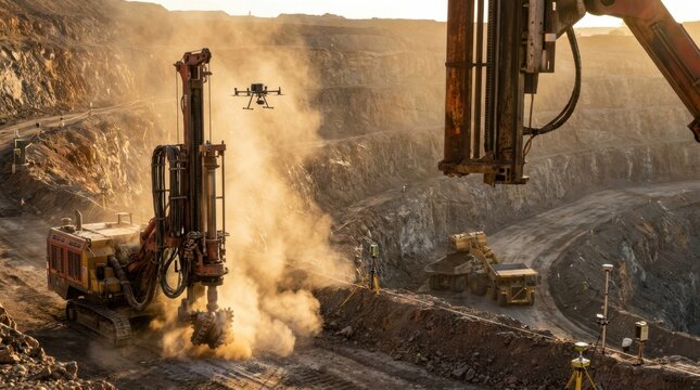 Autonomous drill rig, lidar survey drone, autonomous loader, and stepped pit walls for precise ore mapping and mining automation in a sunlit open pit.
