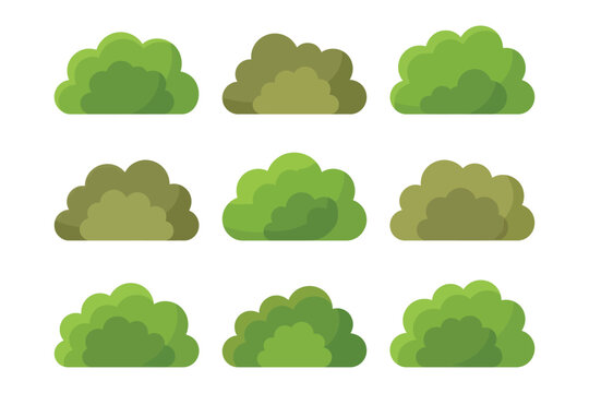 Set of nine flat vector green bushes and shrub icons for landscape design