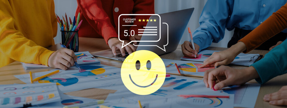 Group of people collaborating in a vibrant office space, surrounded by colorful charts and feedback elements, showcasing teamwork, creativity, and positive energy. Cyphers