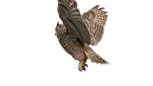 Detailed 3D model of a majestic owl in flight with wings spread wide, isolated on a clean white background. Great for educational animal content, nature documentaries, e-commerce graphics, bird biolog