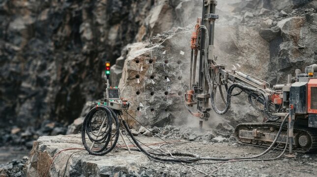 automated drill rig, blast hole pattern in granite, remote console, signal lights, and hydraulic hoses in a quarry