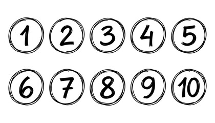 Set of numbers from one to ten in hand drawn circles with handdrawn counting mathematics education illustration collection typography © Tanjir