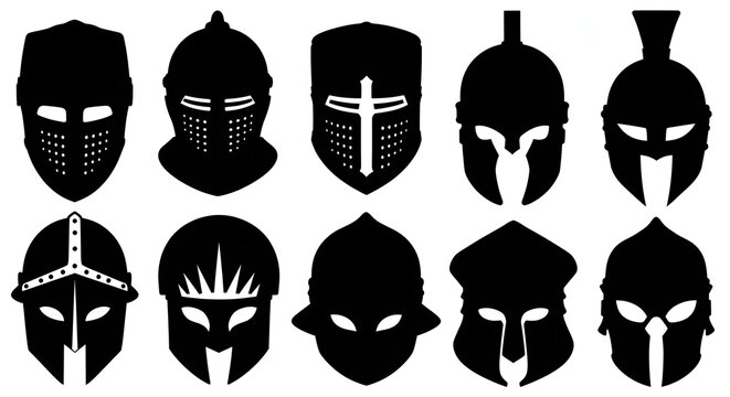 Collection of Knight Helmets and Gladiator Mask Silhouettes on White Background