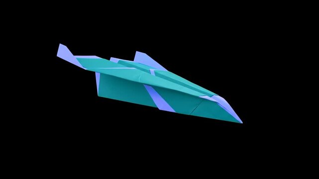 Bright cyan folded paper origami plane gliding in mid-air, isolated against a pitch-black background. Perfect for modern creative concepts, startup growth metaphors, high-contrast motion graphics, fut