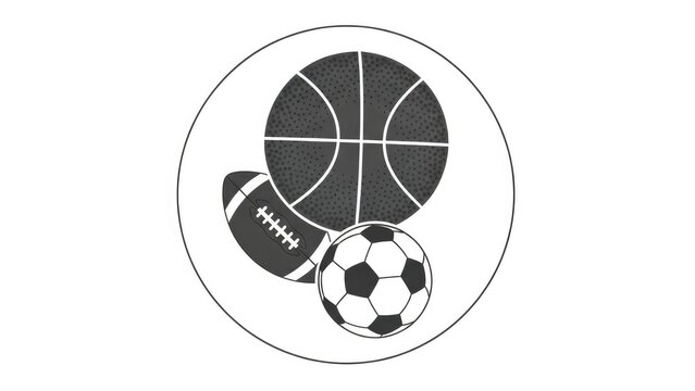 Balls basketball, football, soccer.  Circular frame, grayscale sports equipment