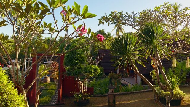 Elevated View Of Tropical Resort Garden With Exotic Trees And Traditional Villas, Vacation Destination And Relaxation