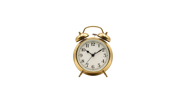 Vintage gold analog alarm clock isolated on white background
