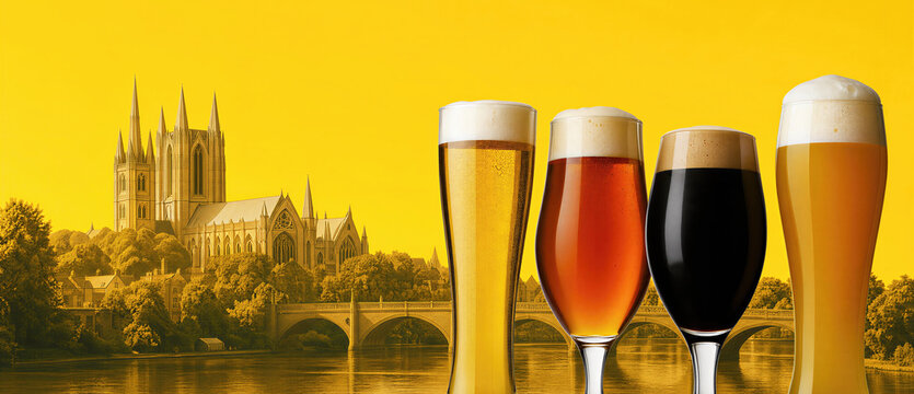 Glass of beer with foam arranged in front of Peterborough cathedral background. Traditional alcoholic drink selection for beer festival celebration. Banner with copy space