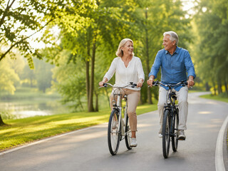 Obraz premium Active Senior Couple Riding Bicycles Together in Green Park
