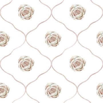 Rose seamless pattern with flowers arranged in geometric layout. Watercolor illustration with decorative floral background for wallpaper and fabric. Floral backdrop in pastel pink colors for bed linen