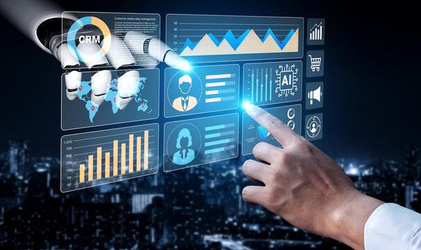 A futuristic scene showcasing a robotic hand interacting with digital data charts and analytics, illustrating advanced customer relationship management in a dynamic business setting. Ledger