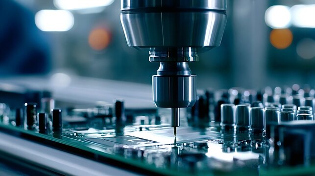 Robotic arm placing microchip on circuit board