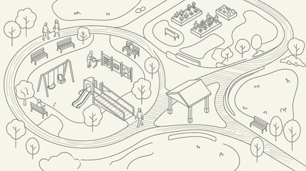 Obraz premium A schematic overhead view presents a recreational area featuring pathways, seating benches, garden beds, and climbing frames where people engage in outdoor leisure activities during a sunny