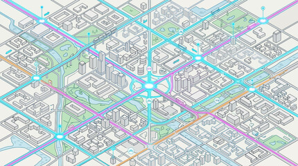 Fototapeta premium A sprawling metropolitan grid highlights intricate transit routes connecting dense residential blocks and public parks within a futuristic landscape designed for efficient urban planning