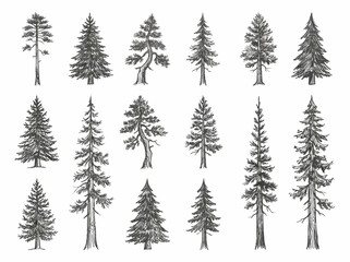 Obraz premium Hand drawn pine and evergreen tree collection isolated on white background