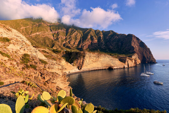 Beautiful golden hour view over Pollara beach with prickly pear cactus on Salina island Aeolian archipelago