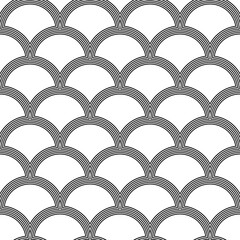 Fish scale wallpaper. Asian traditional ornament with repeated scallops. Repeated black curves on white background. Seamless surface pattern design with semicircles. Grid motif. Digital paper. Vector. © funkyplayer