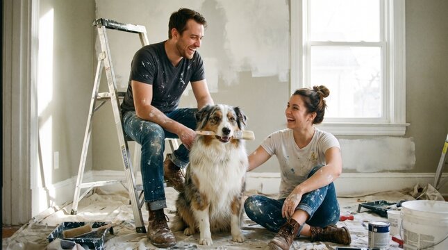 Young couple painting and remodeling home with playful Australian Shepherd dog, joyful DIY renovation project and residential lifestyle concept