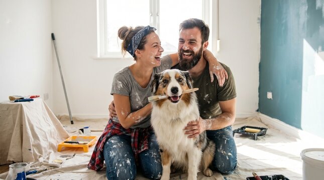 Smiling couple decorating house with paintbrush and Australian Shepherd, home renovation lifestyle concept featuring happiness, property ownership and family life
