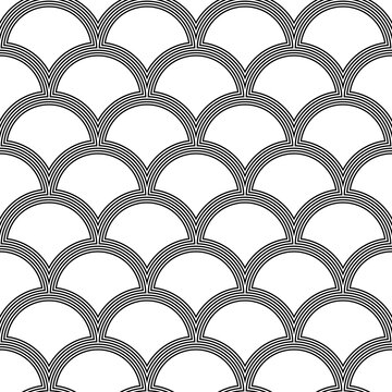 Fish scale wallpaper. Asian traditional ornament with repeated scallops. Repeated black curves on white background. Seamless surface pattern design with semicircles. Grid motif. Digital paper. Vector.