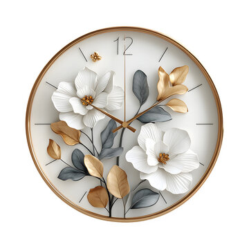 Luxury floral wall clock with white and gold flowers isolated