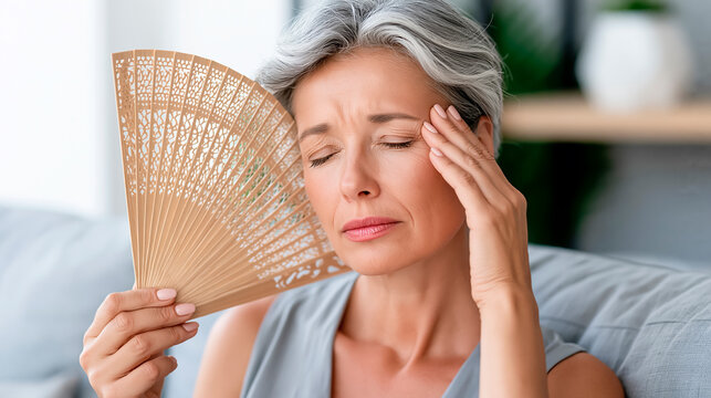 An adult woman with a fan in her hand on a sofa in the living room