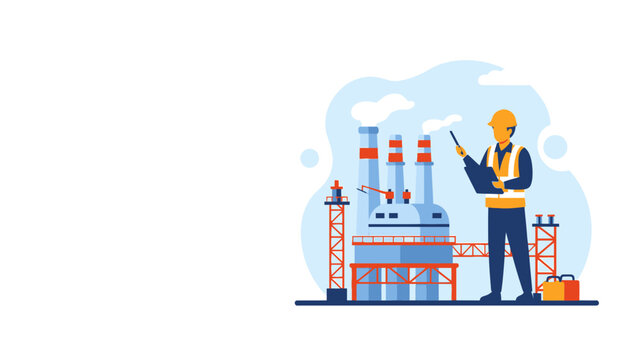 Industrial worker in hard hat and vest by refinery plant, checking plans, with tower and equipment