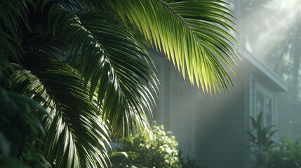 Fototapeta premium Close-up of large detailed green palm fronds with a modern house featuring fiber cement siding softly blurred in the misty background