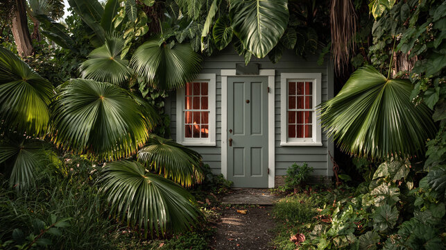 Cozy tropical cottage facade with grey fiber cement siding, house number 160, and white windows surrounded by dense palm foliage