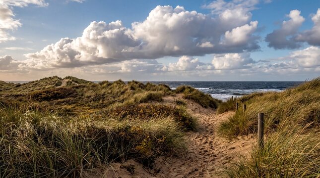 Coastal ecosystems, lush coastal dunes adorned with native grasses beneath striking summer clouds