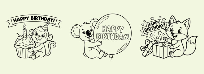 Charming animal birthday illustrations cute koala fox and monkey designs for party decorations and greetings © Iqbal
